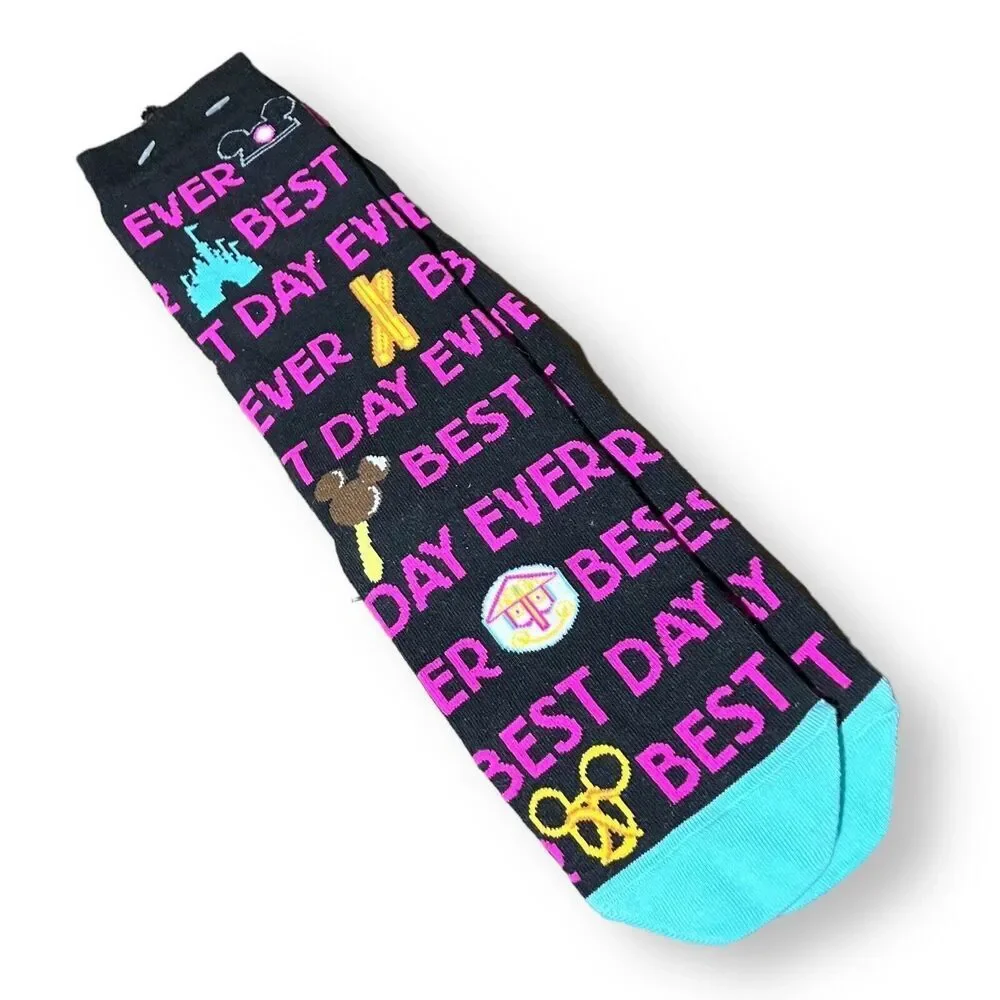 Disney Parks Socks‎ Adult Black Best Day Ever Castle Churro Pretzel Cotton Ears